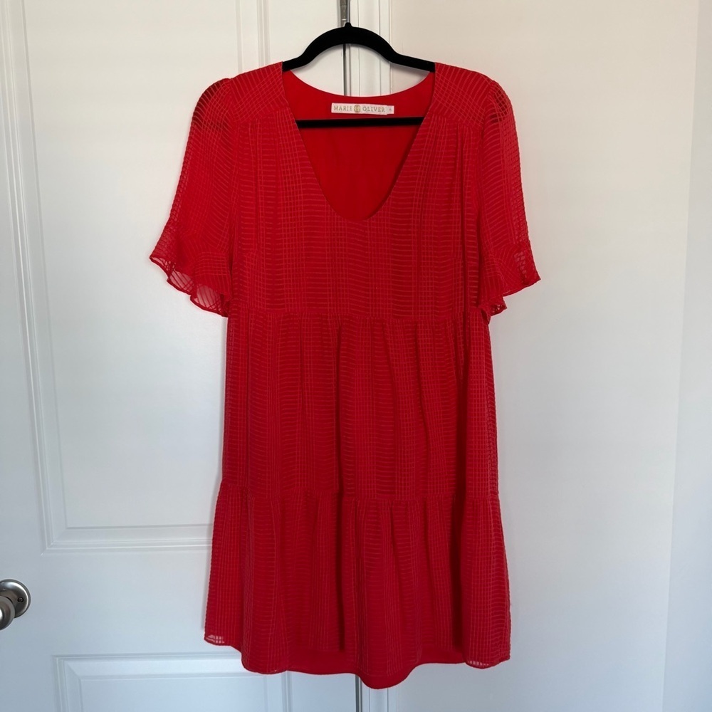 Marie Oliver 100% Silk Red High Low Dress Size M Sheer Short Sleeves Round Neck